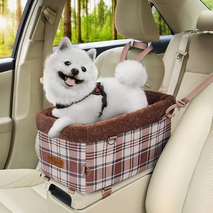 BurgeonNest Center Console Dog Car Seat for Small Dogs up to 9 lbs Cute Plaid