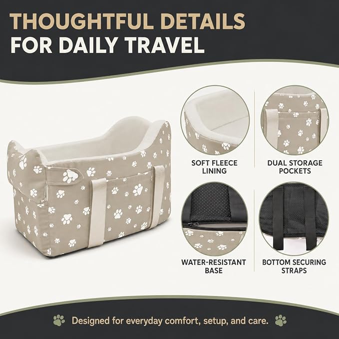 Dog Car Seat for Small Dogs (Under 15 lbs) – Center Console Pet Carrier with Safety Belt, Storage Pockets & Removable Washable Cover (Khaki Car Seat)