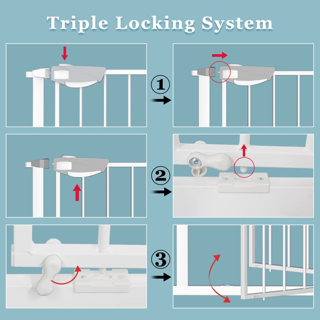 WAOWAO Triple Lock Baby Gate Extra Wide 86.22-90.55" Pressure Mounted Walk Through Swing Auto Close Safety White Metal Dog Pet Puppy Cat for Stairs,Doorways,Kitchen 86.22-90.94"/219-231cm