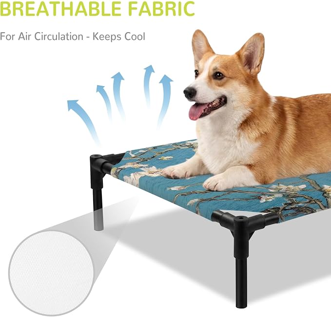 Outdoor Elevated Dog Bed for Medium Dogs, Flowers Branches Breathable Cooling Raised Dog Cot for Indoor/Outdoor, Farmhouse Turquoise Sky Moon Tree Waterproof Elevated Pet Beds, M 24 x 20 in