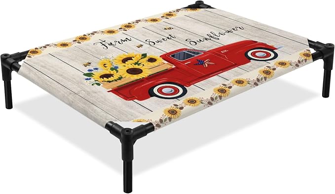 Outdoor Elevated Dog Bed for Medium Dogs, Sunflowers Breathable Cooling Raised Dog Cot for Indoor/Outdoor, Country Botanical Bees Red Truck Wooden Plank Waterproof Elevated Pet Beds, M 24 x 20 in