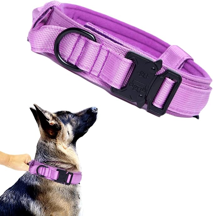 Tactical Dog Collar for Large Dogs with Control Handle,Purple,XXL | 1000D Heavy-Duty Nylon Fabric,Quick-Release Metal Buckle,Adjustable Fit,Soft-Padded Webbing,D-Ring,for Training & Hiking