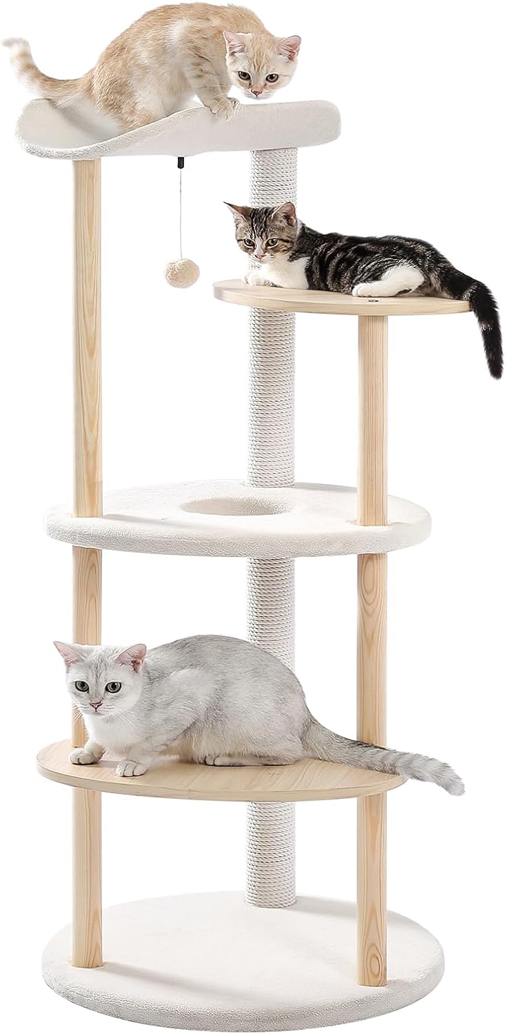 PETEPELA Wood Cat Tree Tower for Indoor Cats,5-Level Cat Climbing Tree Cat Play House with Sisal Scratching Posts Beige