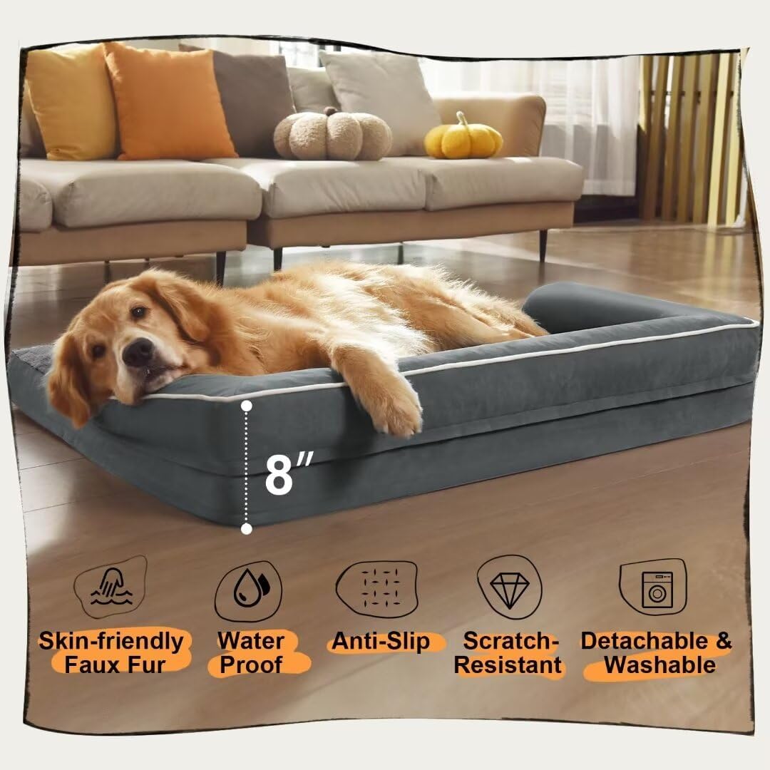 Large Dog Bed Orthopedic Washable - Beds Bolster - Extra XL XLarge Big Dogs - Memory Foam Couch Sofa - Waterproof with Removable Cover - Dark Grey Dog Bed