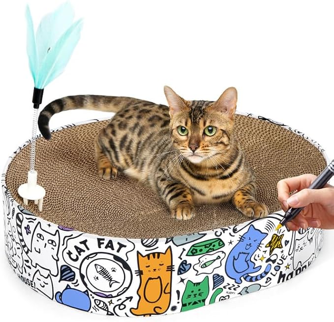 Cat Scratcher Cardboard, 2in1 Oval Cat Scratcher Bed for Indoor Cats Cat, Scratch Pad Bowl with Scratching Toy, Cozy Oval Cat Scratch Bed Furniture for Kittens & Medium Size Cats(White)