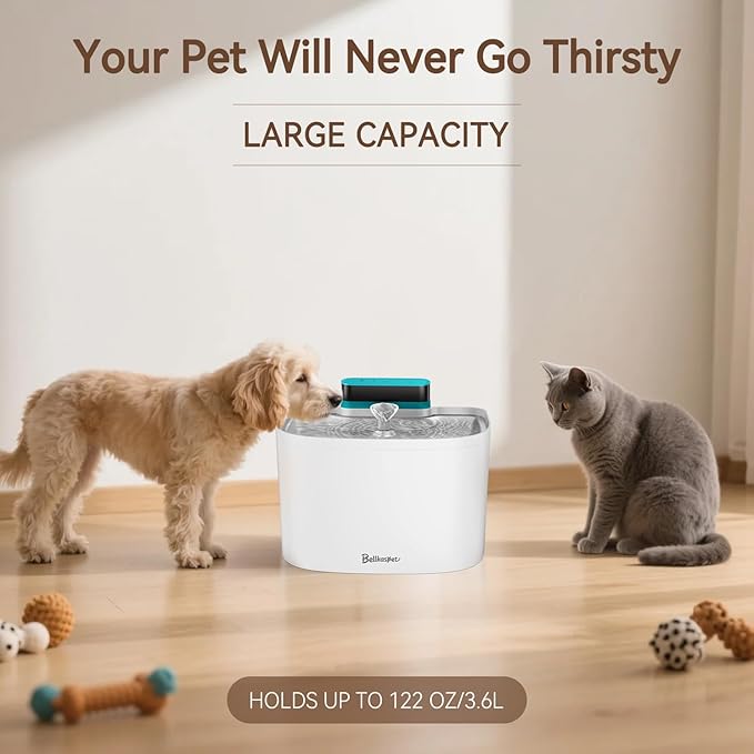 Cat Water Fountain, App Control Wireless Cat Fountain, 122oz/3.6L Pumpless Water Fountains for Cats Indoor with Stainless Steel Tray, Wi-Fi Dog and Pet Water Fountain (White, Fountain+8 Fliters)