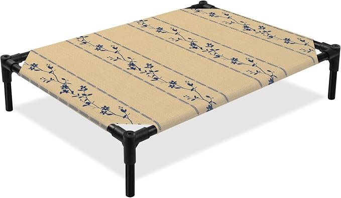 Outdoor Elevated Dog Bed for Medium Dogs, Khaki Flower Branch Breathable Cooling Raised Dog Cot for Indoor/Outdoor, Spring Summer Farmhouse Botanical Waterproof Elevated Pet Beds, M 24 x 20 in