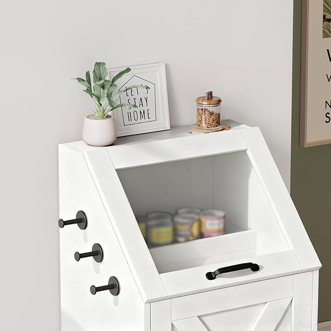 White Dog Feeding Station with Storage & Bowls | Pet food cabinet, 2 elevated bowls, 3 hooks, glass flip cover, anti-tipping device, for dogs.