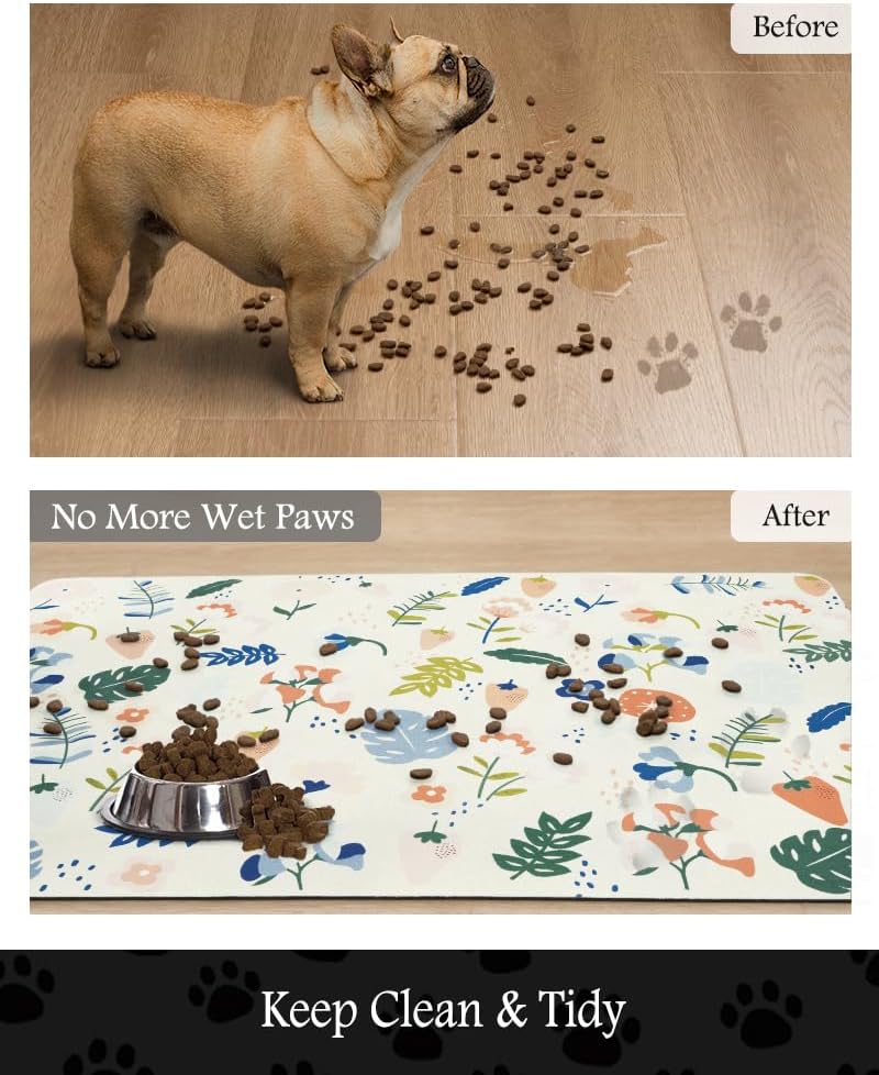 Pet Feeding Mat-Absorbent Dog Mat for Food and Water Bowl-No Stains Quick Dry Water Dispenser Mat-Dog Accessories Pet Supplies-Bowl for Messy Drinkers（LIGHTFLOWERS,17"x34"