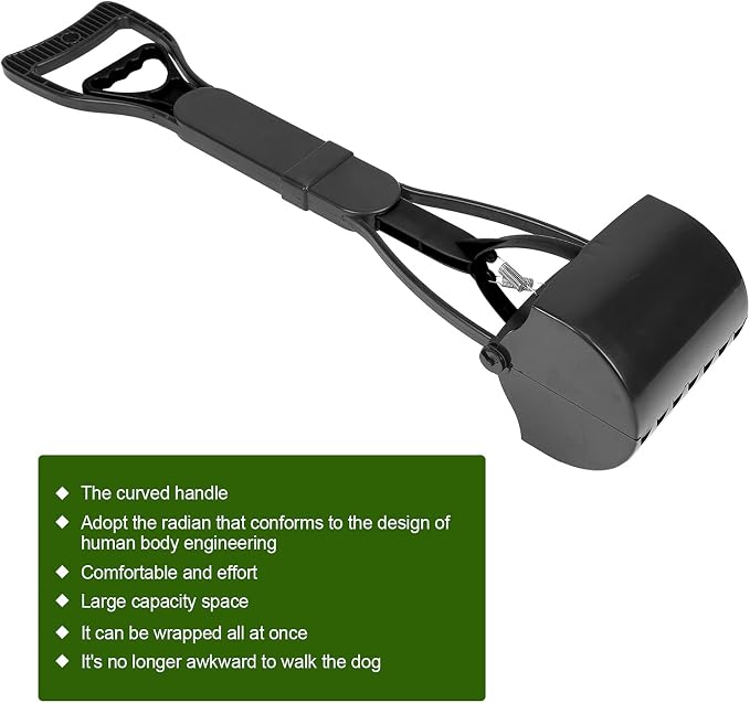 Pet Poop Scoop, Long Handle Jaw Scooper with Foldable Design, Heavy Duty Plastic, Nonstick Surface, Dog Waste Picker for Grass Lawn, Indoor Outdoor (Black)