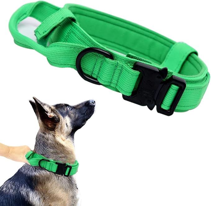 Tactical Dog Collar for Large Dogs with Control Handle,Bright Green,XL | 1000D Heavy-Duty Nylon Fabric,Quick-Release Metal Buckle,Adjustable Fit,Soft-Padded Webbing,D-Ring,for Training & Hiking