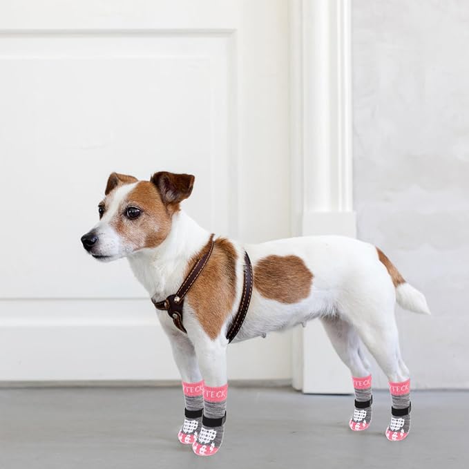 PUPTECK Anti-Slip Dog Socks with Double Sides Grips for Small Medium Large Dogs Hardwood Floors Prevents Licking, Dog Shoes for Hot Pavement Traction Control for Senior Dogs, Grey&Pink M