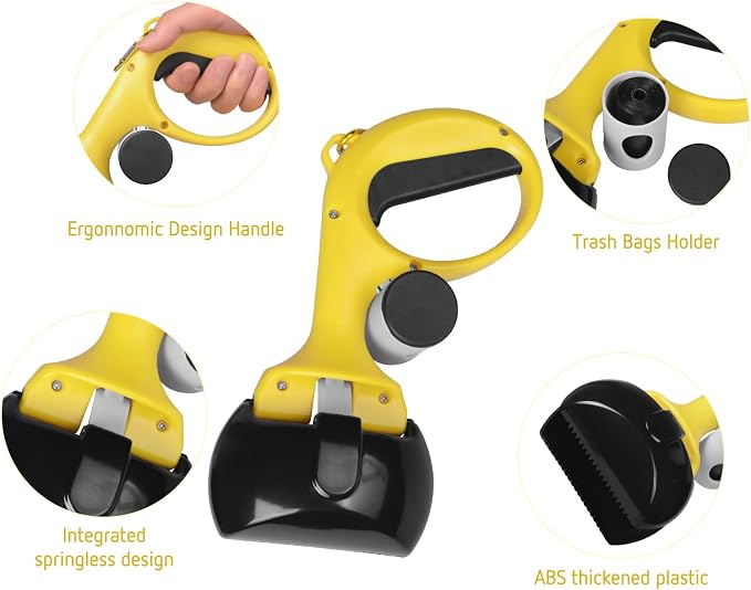 Gegong Pet Pooper Scooper for Dogs and Cats with Trash Bags Holder, Non-Breakable High Strength Material Poop Scooper for Easy Grass and Gravel Pick Up(Including a roll of Trash Bag) (Yellow)
