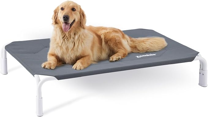 ZOMISlA Large Elevated Dog Bed Tool-Free Assembly, Folding Raised Dog Cot | Outdoor Raised Dog Bed with Waterproof Teslin Mesh, Cooling Portable Pet Hammock for Camping, For Dogs up to 90 lbs, Non Slip