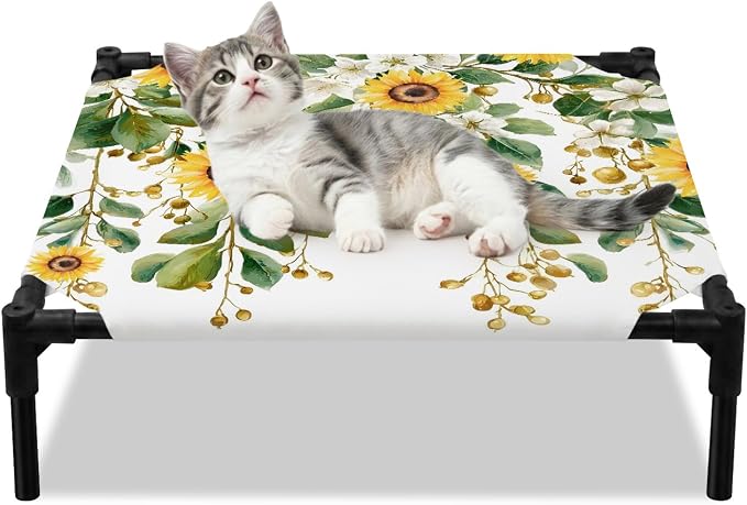 Outdoor Elevated Dog Bed for Small Dogs, Hanging Floral Breathable Cooling Raised Dog Cot for Indoor/Outdoor, Spring Botanical Sunflower Green Leaves Waterproof Elevated Pet Beds, S 20 x 20 in