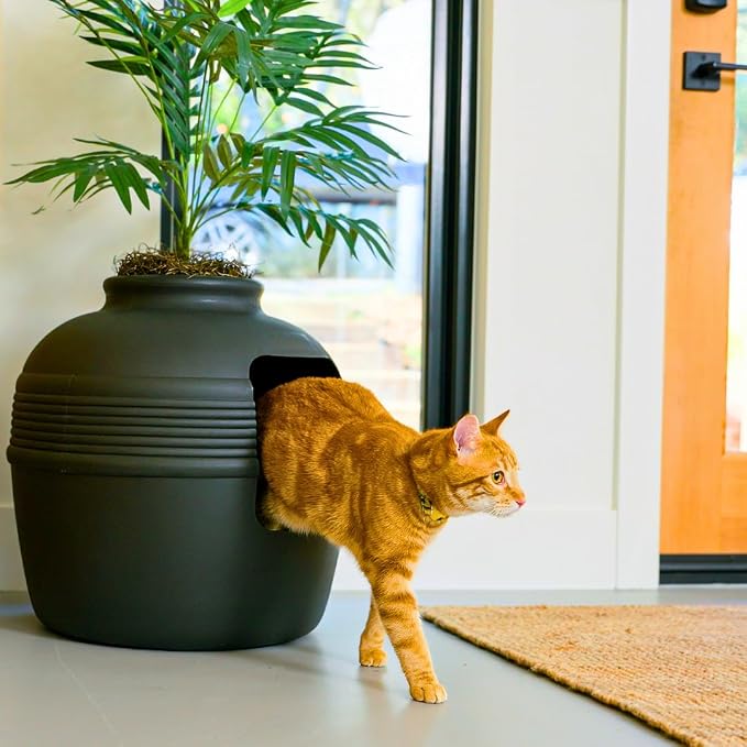 Good Pet Stuff Original Hidden Litter Box Planter, Decorative Cat Litter Enclosure with Carbon Filter, Artificial Palm Plant, Upgraded Design, Easy to Clean, Base Kit, Black Suede