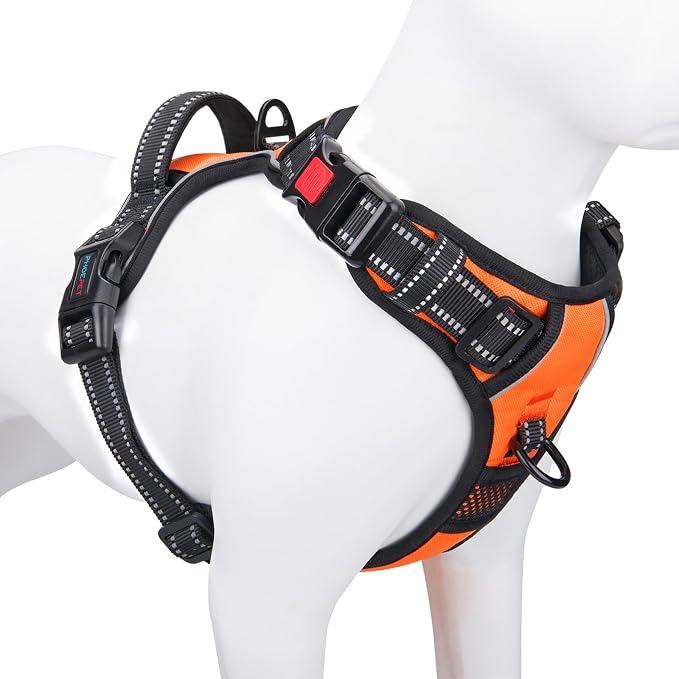 Reflective Dog Harness Large Breed Adjustable No Pull Vest | with Handle 2 Metal Rings 3 Buckles [Easy to Put on & Take off](L, Orange)