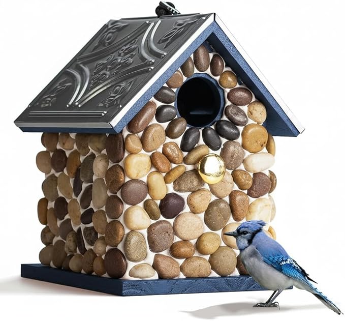 Masterpiece Bluebird Bird House for Outside Clearance, River Pebbles Cedar Bird House Bird Feeder for Outdoor, Hanging Birdhouse for Outside, Pole Mountable Birdhouse, 10 Yrs Lasting (Blue)