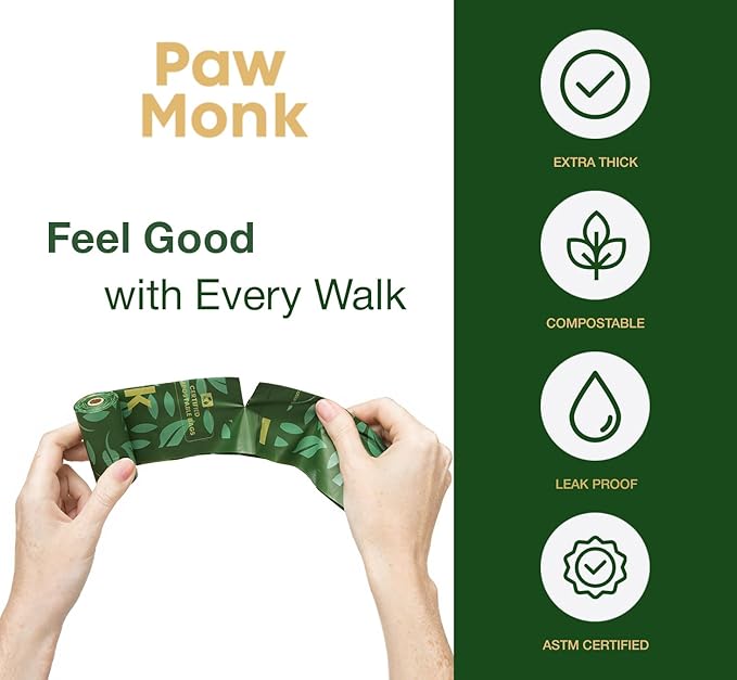 Paw Monk Heavy Duty Dog Poop Bags Rolls Refill – Certified Home Compostable dog waste bags, Extra Thick 20 Micron, Leakproof & Easy Open doggy poop bags, Unscented – 120 Bags (8 Rolls)
