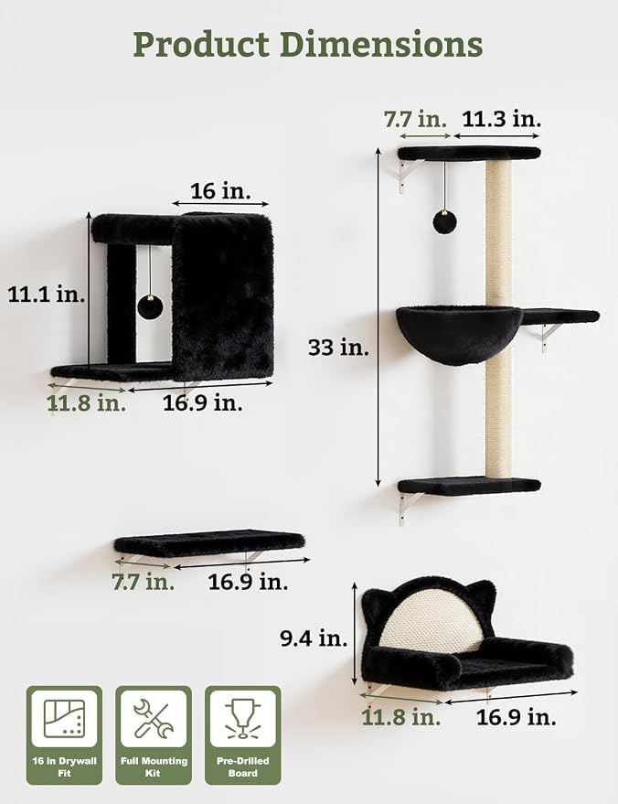 5-in-1 Cat Wall Shelves, Solid Wood & Velvet & Sisal Scratcher, 44lbs Max Load, Wall Mounted Cat Furniture for Climbers, Cat Climbing Wall System, Fits Drywall & Solid Walls - Black