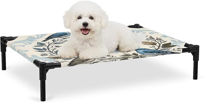Outdoor Elevated Dog Bed for Medium Dogs, Blue Floral Breathable Cooling Raised Dog Cot for Indoor/Outdoor, Rustic Birds Flowers Vintage Branch Garland Waterproof Elevated Pet Beds, M 24 x 20 in