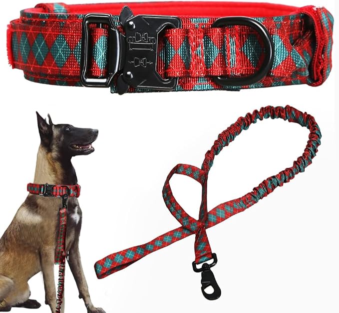 Tactical Dog Collar and Leash Set for Large Dogs with Control Handle，Grid | 1000D Heavy-Duty Nylon Fabric,Quick-Release Metal Buckle,Adjustable Fit,Soft-Padded Webbing,D-Ring,for Training & Hiking,XL