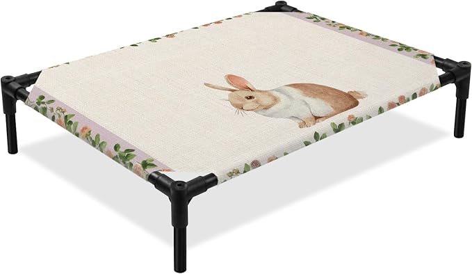 Outdoor Elevated Dog Bed for Medium Dogs, Country Bunny Breathable Cooling Raised Dog Cot for Indoor/Outdoor, Farmhouse Rustic Flower Leaf Plant Beige Waterproof Elevated Pet Beds, M 24 x 20 in