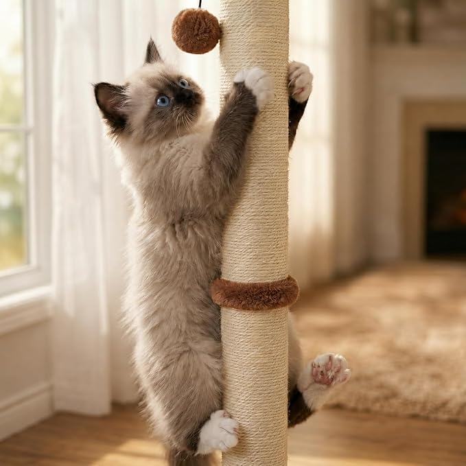 Dimaka 34" Height Tall Cat Scratching Post, Claw Scratcher with Sisal Rope and Covered with Soft Smooth Plush, Vertical Scratch [Full Strectch] for All Cats (Dark Brown, 34 inches for Large Cats)