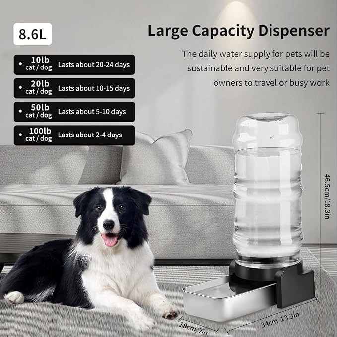 Marchul 2.3 Gallon Dog Water Dispenser, Large Dog Water Dispenser with Placemat and Stainless Steel Bowl, Automatic Gravity Pet Bowl for Dogs Medium to Large (8.6L + 3 Filters + Mat)