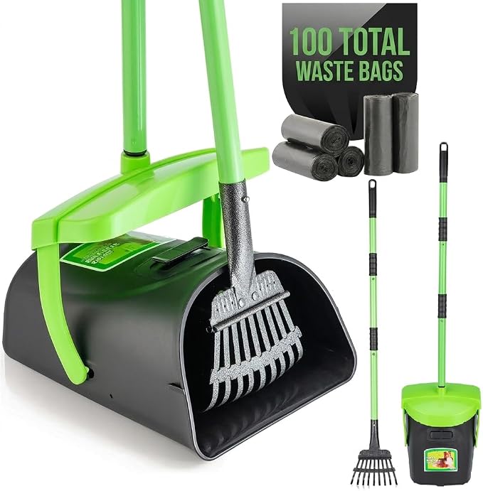 MXF Pooper Scooper Swivel Bin & Rake Kit with 100 Waste Bags, 36.6" Long Handle Dog Poop Scooper with Bag Attachment for Large Medium Small Dogs, Poop Scooper for Lawn Yard Dog Kennel