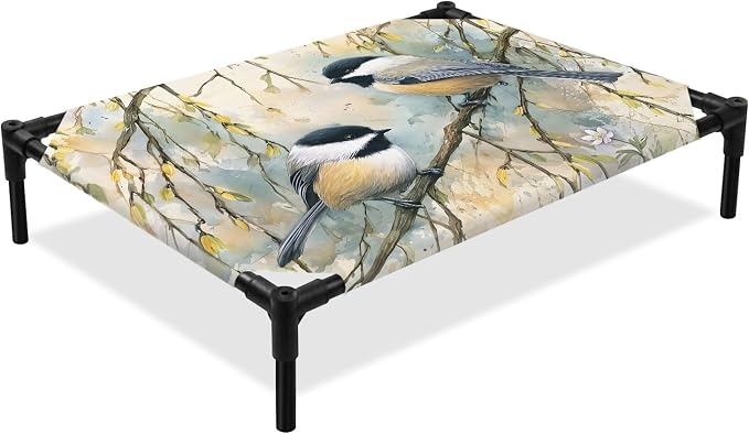Outdoor Elevated Dog Bed for Medium Dogs, Birds Branches Breathable Cooling Raised Dog Cot for Indoor/Outdoor, Country Elegant Pastoral Floral Waterproof Elevated Pet Beds, M 24 x 20 in