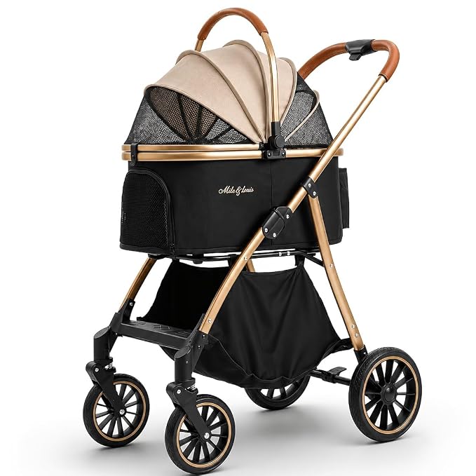 MILA&LOUIS Dog Stroller, 24" Pet Cradle, Large PU Wear-Resistant Wheels, Cat Stroller for Small & Medium 55 lbs, Lightweight Pet Stroller, Detachable Aluminum Cradle, Cup Holder, Hook & Rain Cover