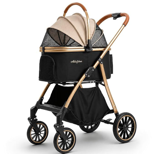 MILA&LOUIS Dog Stroller, 24" Pet Cradle, Large PU Wear-Resistant Wheels, Cat Stroller for Small & Medium 55 lbs, Lightweight Pet Stroller, Detachable Aluminum Cradle, Cup Holder, Hook & Rain Cover