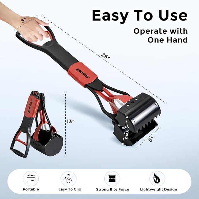 ZOMISIA 26" Pooper Scooper with Waste Bags - Poop Scooper for Large Dogs with Long Handle High Strength Material and Durable Spring for Yard, 30 Count Poop Bags