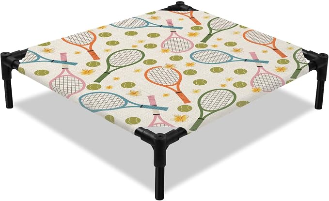 Outdoor Elevated Dog Bed for Small Dogs, Tennis Rackets Breathable Cooling Raised Dog Cot for Indoor/Outdoor, Farmhouse Flowers Ball Sports Theme Waterproof Elevated Pet Beds, S 20 x 20 in