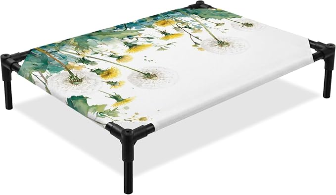Outdoor Elevated Dog Bed for Large Dogs, Hanging Dandelions Breathable Cooling Raised Dog Cot for Indoor/Outdoor, Green Leaves Botanical Flower Minimalist Waterproof Elevated Pet Beds, L 28 x 22 in