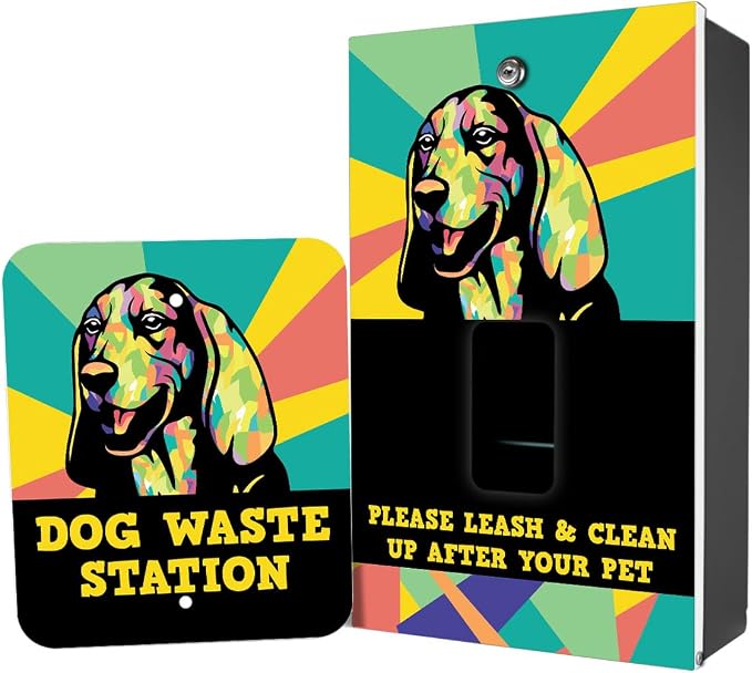 Dispense-Art Collection Pop Art Basset Hound - Custom UV Printed Design on Rust-Proof Aluminum Dog Waste Station with 10-Gallon Lidded Can, 400 MittN Dog Waste Bags & 25 Can Liners
