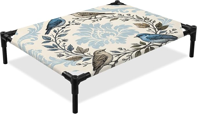 Outdoor Elevated Dog Bed for Large Dogs, Blue Floral Breathable Cooling Raised Dog Cot for Indoor/Outdoor, Rustic Birds Flowers Vintage Branch Garland Waterproof Elevated Pet Beds, L 28 x 22 in