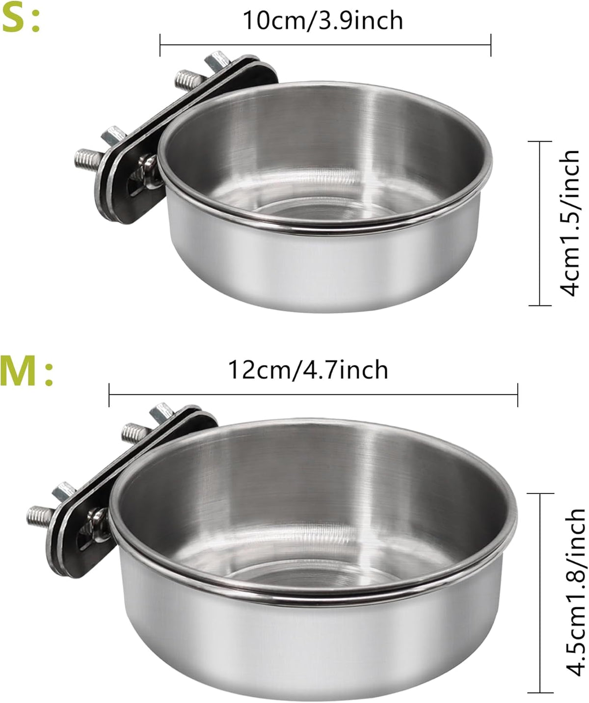 Small+Medium Bird Feeding Dish Cups,Parrot Food Bowl Cage with Clamp Holder Stainless Steel,Birdcage Coop Water Feeder for Cockatiel Parakeet Macaw Finches Lovebirds Small Animals (1 Pack, S+M)