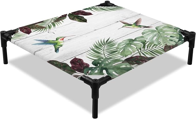 Outdoor Elevated Dog Bed for Small Dogs, Summer Hummingbirds Breathable Cooling Raised Dog Cot for Indoor/Outdoor, Tropical Palm Leaves Farmhouse Wood Waterproof Elevated Pet Beds, S 20 x 20 in