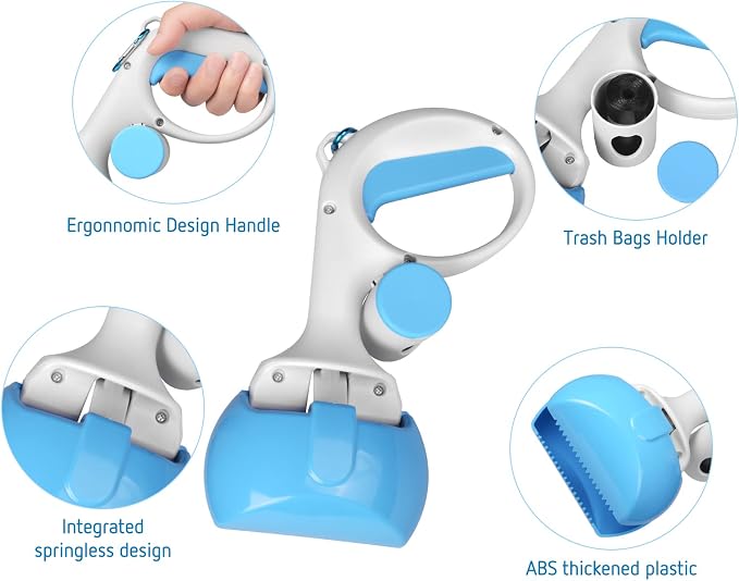 Gegong Pet Pooper Scooper for Dogs and Cats with Trash Bags Holder, Non-Breakable High Strength Material Poop Scooper for Easy Grass and Gravel Pick Up(Including a roll of Trash Bag) (Blue)