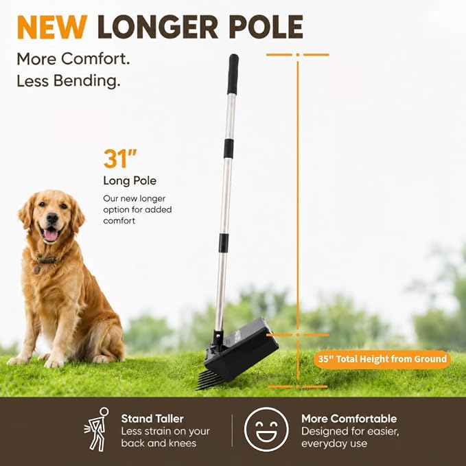 Neater Pet Brands Lift N’ Bag 2.0 Dog Pooper Scooper with Bag Attachment & 31" Pole for Small to Large Dogs, New Longer Pole, 60 Refill Bags, Heavy Duty Dog Poop Scooper for Yard, One-Hand Use