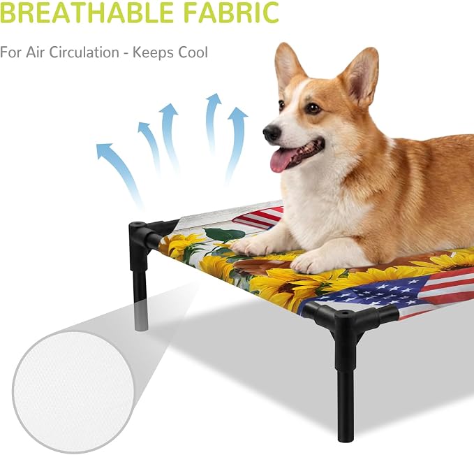 Outdoor Elevated Dog Bed for Large Dogs, Sunflower Independence Day Breathable Cooling Raised Dog Cot for Indoor/Outdoor, 4th of July Rooster Wooden Waterproof Elevated Pet Beds, L 28 x 22 in