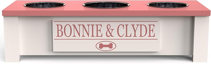 3 Bowl Dog Feeding Station, Personalized Triple Bowl Food Stand Small Dogs | Farmhouse Style, Elevated Wood Stand, Storage Container, Stainless Steel Bowls, Raised Feeder, Small Breed, Made in USA
