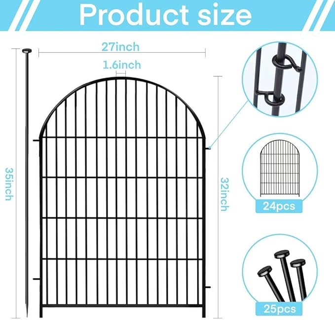Okaygardn Garden Fencing Animal Barrier 24 Panels, 32 in(H) x 54 Ft(L) No Dig Fences for Dogs, Black Rustproof Metal Wire Garden Fence with Gate, Temporary Dog Fence for Patio Outdoor Yard