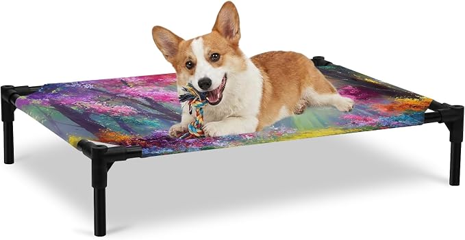 Outdoor Elevated Dog Bed for Large Dogs, Spring Tree Breathable Cooling Raised Dog Cot for Indoor/Outdoor, Forest Sunbeams Floral Botanical Waterproof Elevated Pet Beds, L 28 x 22 in