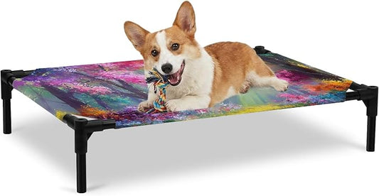 Outdoor Elevated Dog Bed for Large Dogs, Spring Tree Breathable Cooling Raised Dog Cot for Indoor/Outdoor, Forest Sunbeams Floral Botanical Waterproof Elevated Pet Beds, L 28 x 22 in