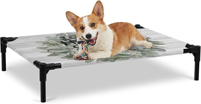 Outdoor Elevated Dog Bed for Large Dogs, Farmhouse Leaves Breathable Cooling Raised Dog Cot for Indoor/Outdoor, Florals Country Vintage Gray Wood Waterproof Elevated Pet Beds, L 28 x 22 in