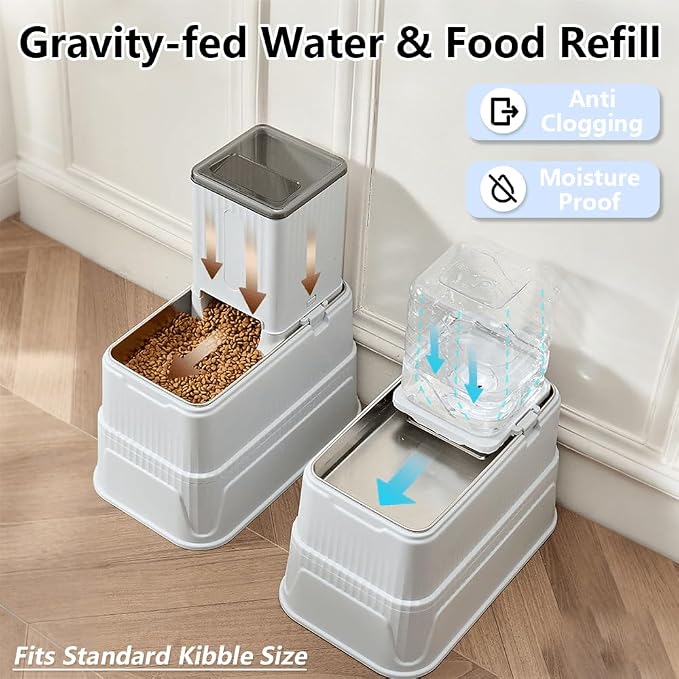 Elevated Automatic Pet Feeder & Water Dispenser, 128 Fl Oz/1 Gallon Water & 4.4lb Food Capacity, Stainless Steel Bowl, 2-Level Height Adjustable, Neck Protection for Small/Medium Dogs,Anti-Choking