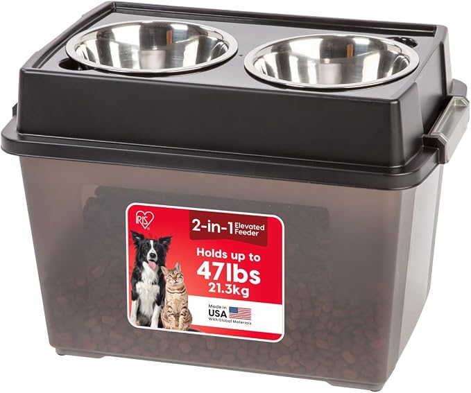 IRIS USA Elevated Dog Bowls 15" H, up to 47 lb Storage, Black, Made in USA | Comes with 2 Stainless Steel Bowls (64 oz), Elevated Feeder, Reduce Strain, Perfect for Camping & Outdoors